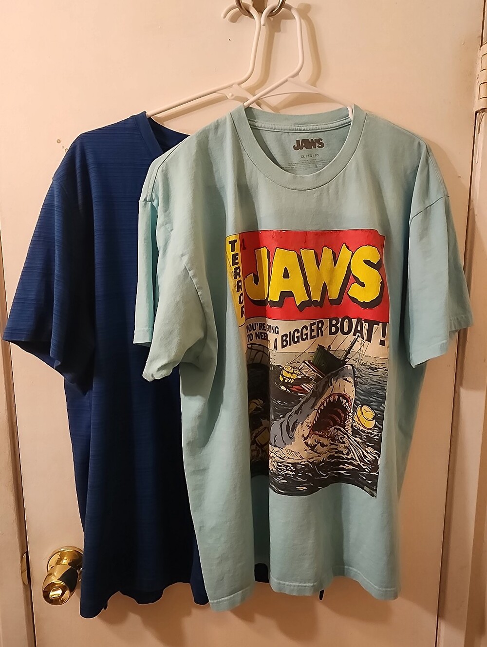 JAWS Graphic Tee in Light Aqua & Van Heusen Blue Striped V-nwck Shirt Bundle